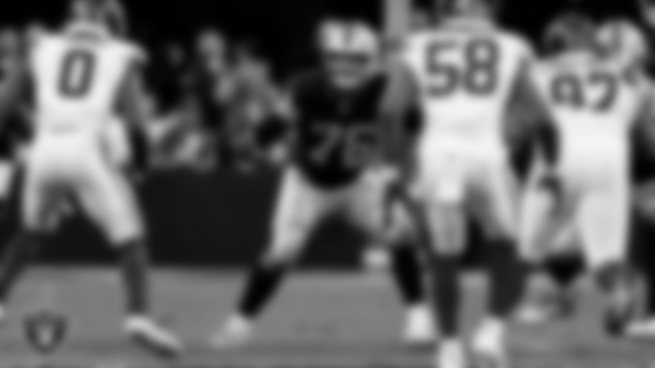 Las Vegas Raiders guard Caleb Rogers (76) during the regular season home game against the New York Giants at Allegiant Stadium.