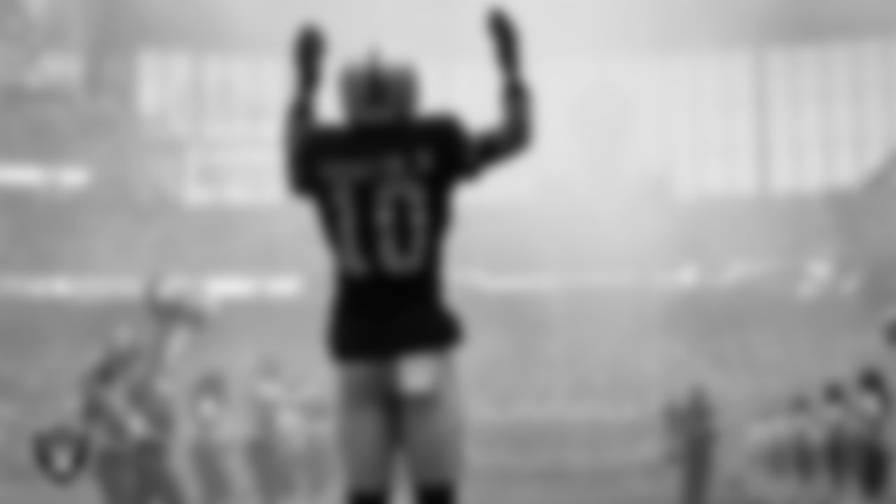 Las Vegas Raiders wide receiver Dont'e Thornton Jr. (10) is introduced onto the field before the preseason home game against the San Francisco 49ers at Allegiant Stadium.