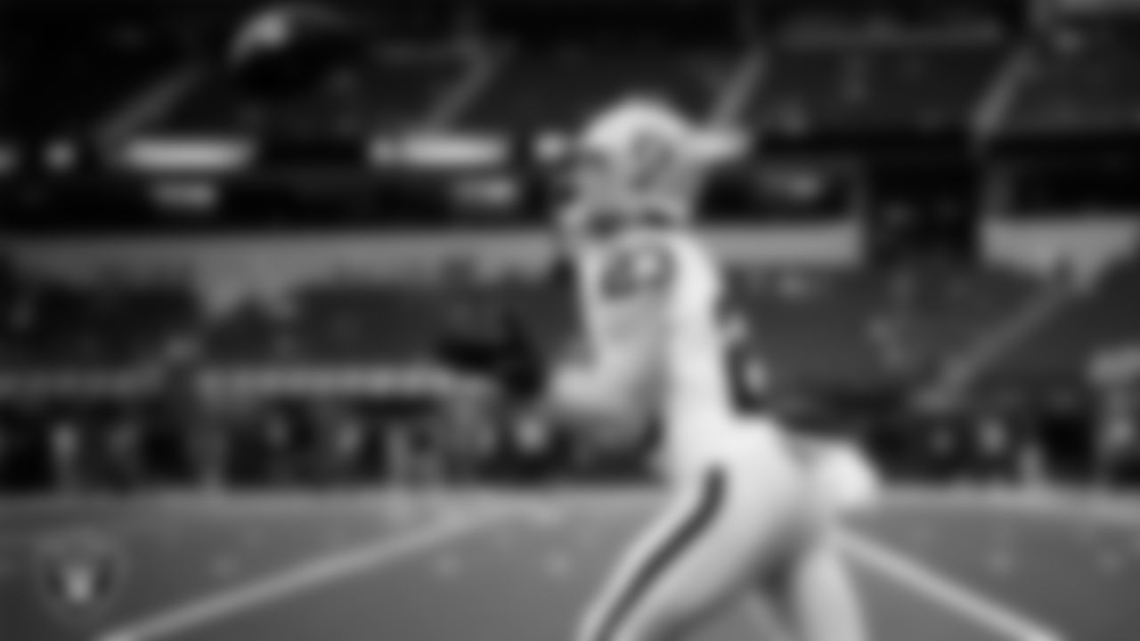 Las Vegas Raiders running back Dylan Laube (23) warming up before the regular season away game against the Los Angeles Chargers at SoFi Stadium.