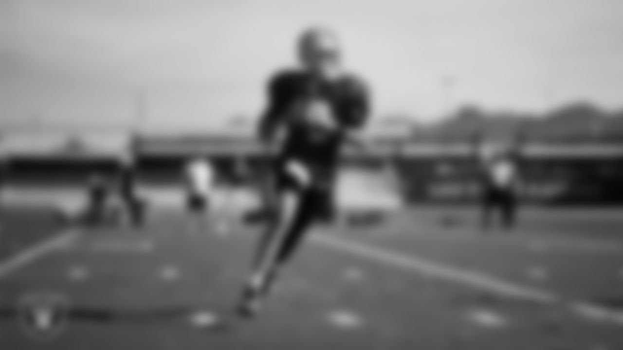 Las Vegas Raiders quarterback Aidan O'Connell (12) during practice at Intermountain Health Performance Center.