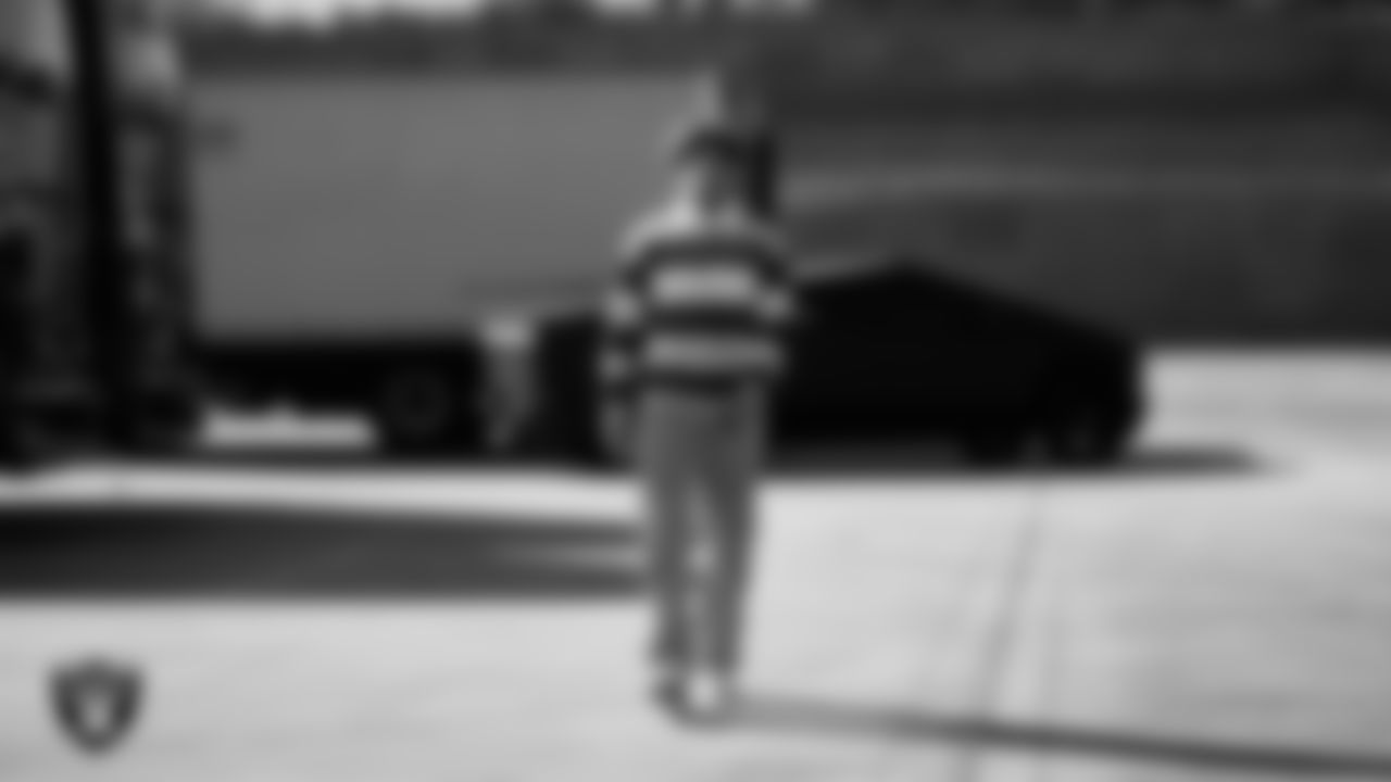 Las Vegas Raiders safety Tristin McCollum (27) arrives to the regular season home game against the New York Giants at Allegiant Stadium.