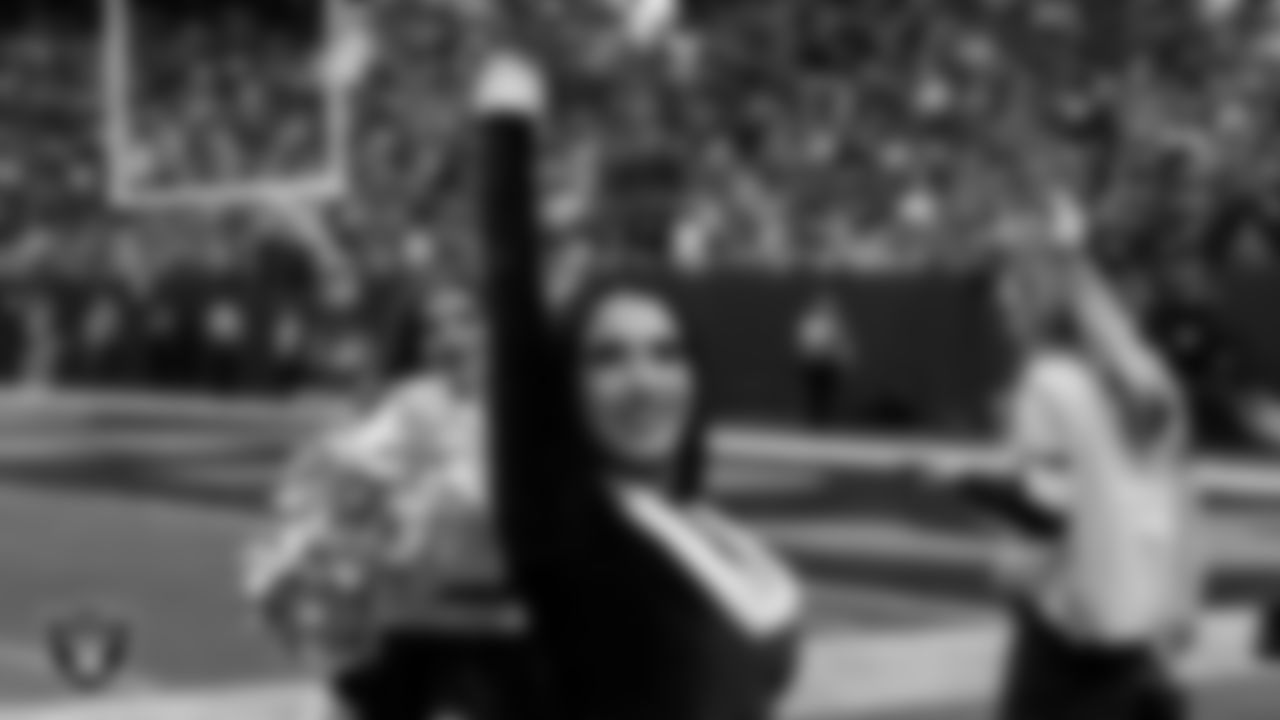 Raiderette Kylie on the sidelines during the regular season home game against the New York Giants at Allegiant Stadium.