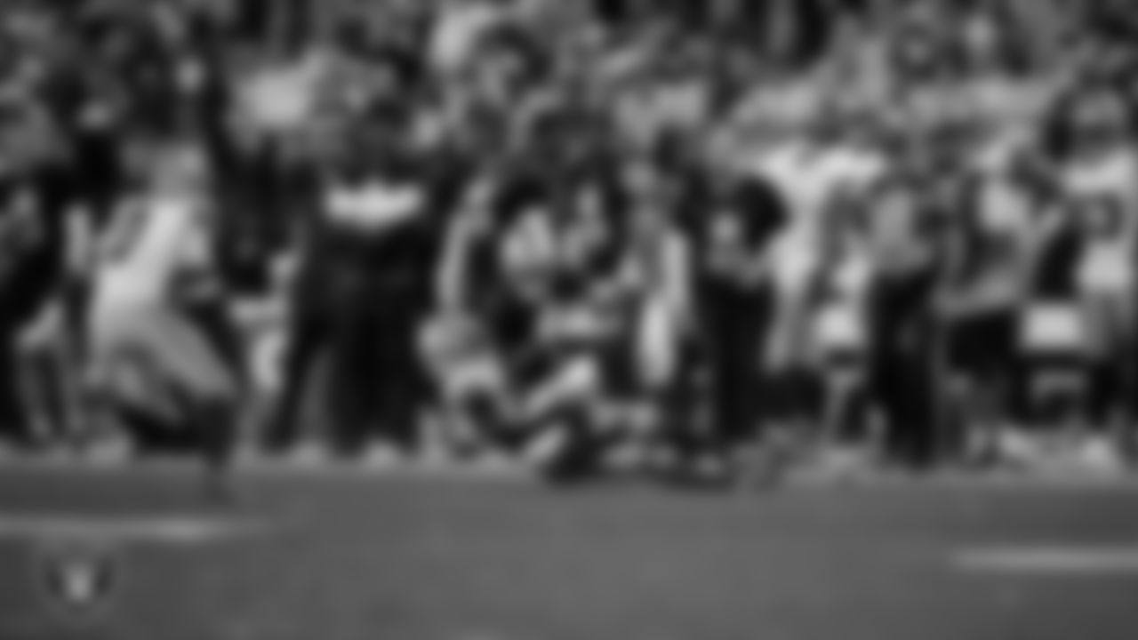 Las Vegas Raiders wide receiver Tre Tucker (1) makes a catch during the regular season home game against the Dallas Cowboys at Allegiant Stadium.