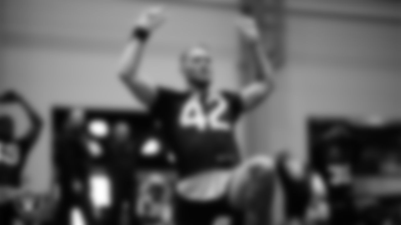 Las Vegas Raiders linebacker Matt Jones (42) at a workout during phase two of the offseason program at Intermountain Health Performance Center.
