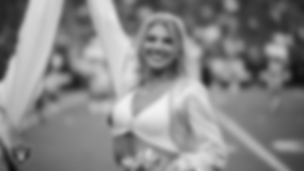 Raiderette Cori on the sidelines during a 2025 Training Camp mock game at Allegiant Stadium.