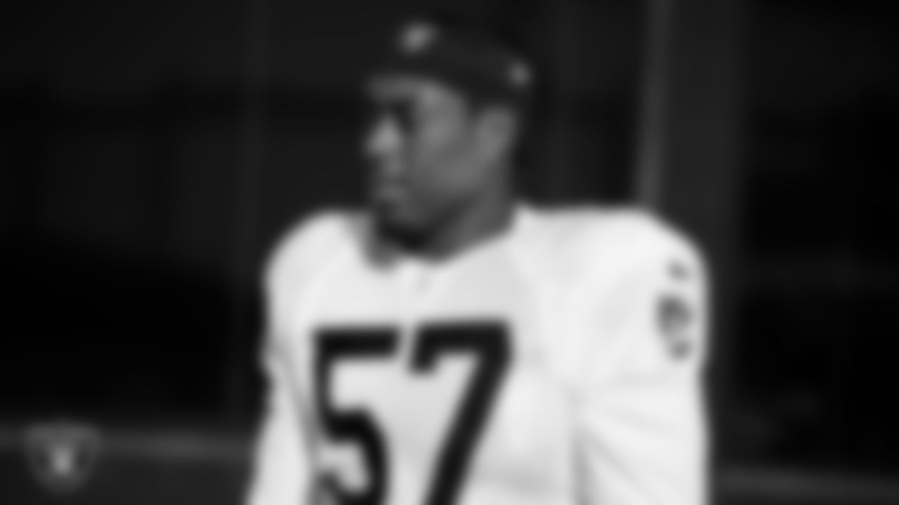 Las Vegas Raiders defensive lineman Boogie Basham (57) during practice at Intermountain Health Performance Center.