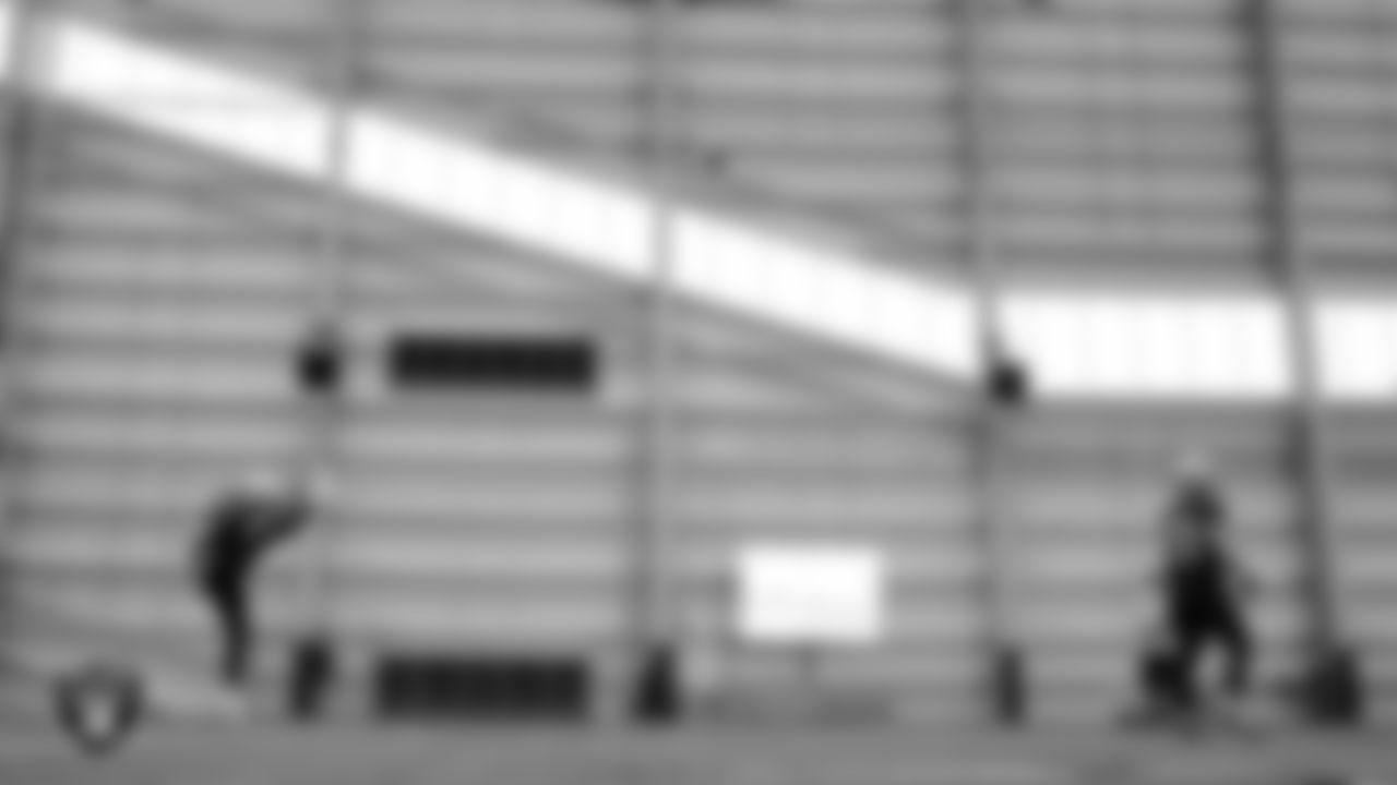 Las Vegas Raiders punter AJ Cole (6) and long snapper Jacob Bobenmoyer (50) during practice at Intermountain Health Performance Center.