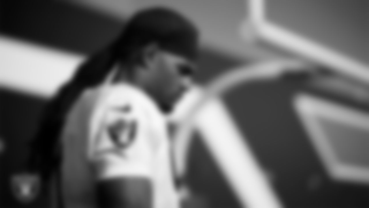 Las Vegas Raiders defensive end Jahfari Harvey (91) during practice at Intermountain Health Performance Center.