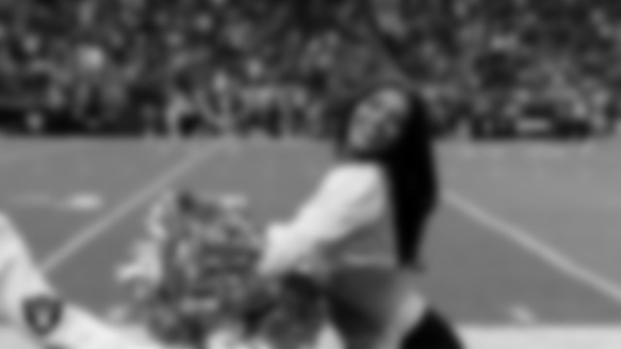 Raiderette Ashtin on the sidelines during the regular season home game against the Cleveland Browns at Allegiant Stadium.
