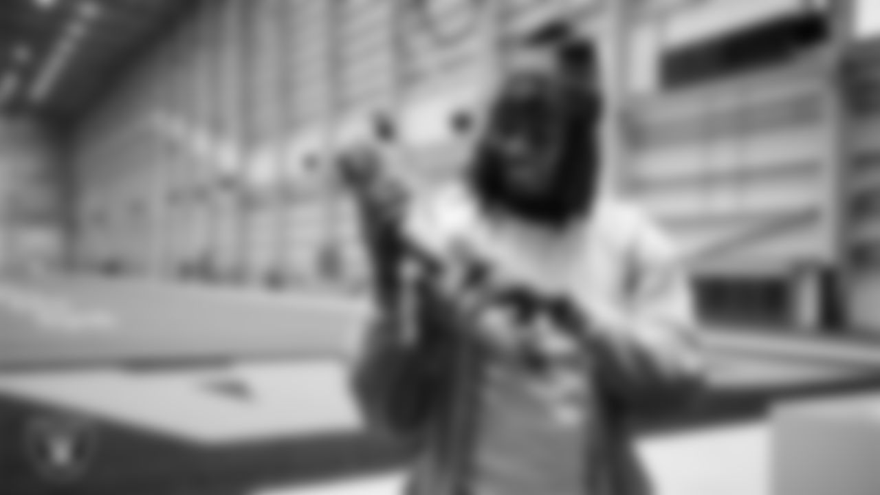 Las Vegas Raiders wide receiver Dont'e Thornton Jr. (10) unboxes his custom cleats for the NFL's My Cause My Cleats initiative at Intermountain Health Performance Center.