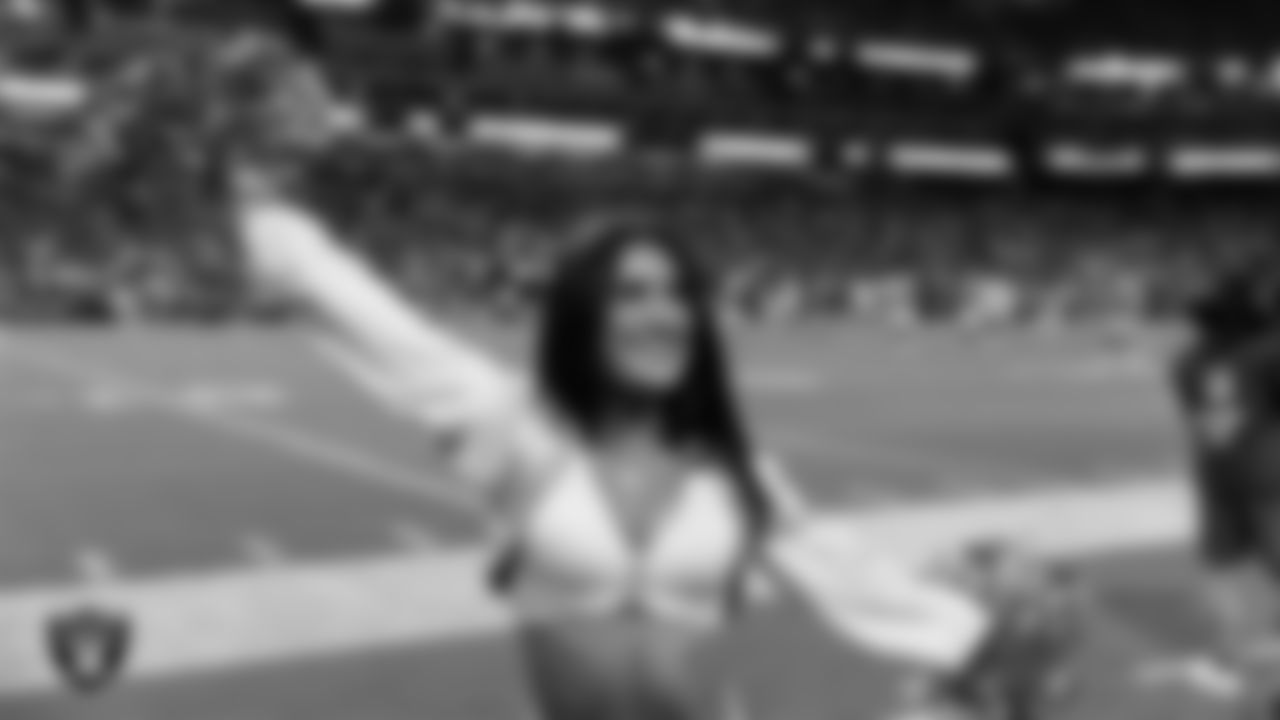 Raiderette Macy on the sidelines during the regular season home game against the Los Angeles Chargers at Allegiant Stadium.