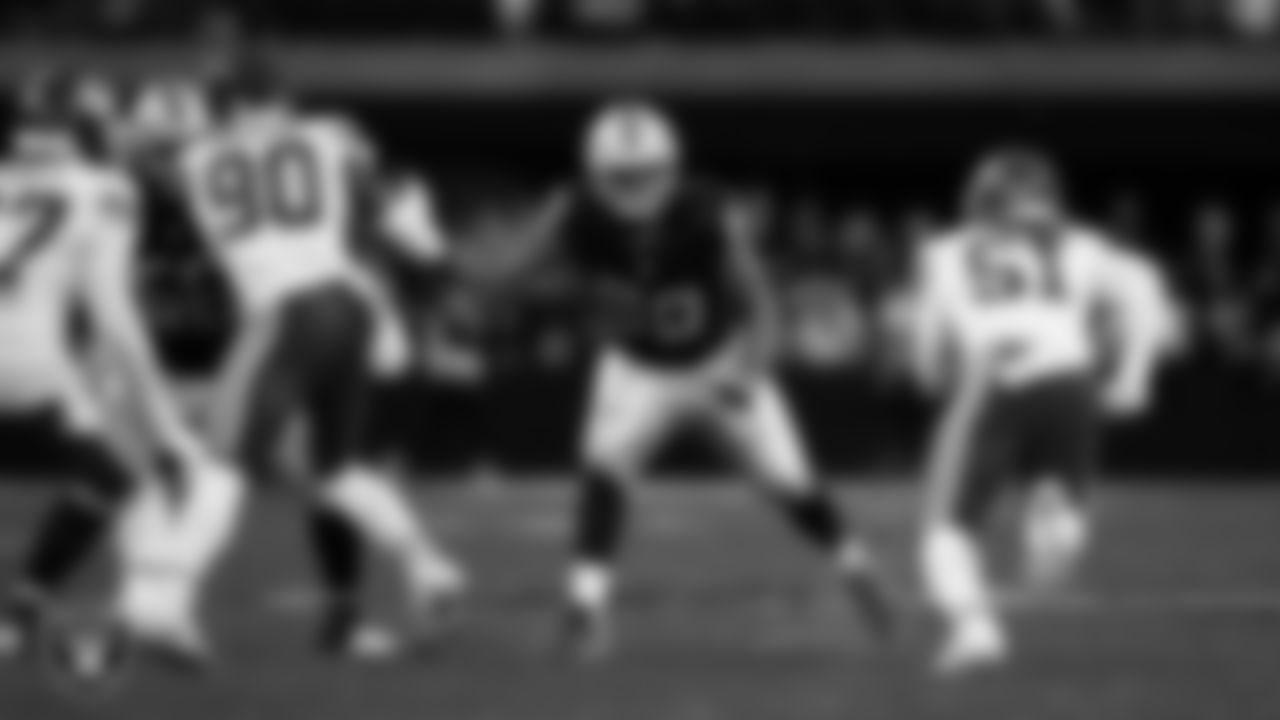 Las Vegas Raiders tackle Charles Grant (60) blocks during the regular season home game against the Kansas City Chiefs at Allegiant Stadium.