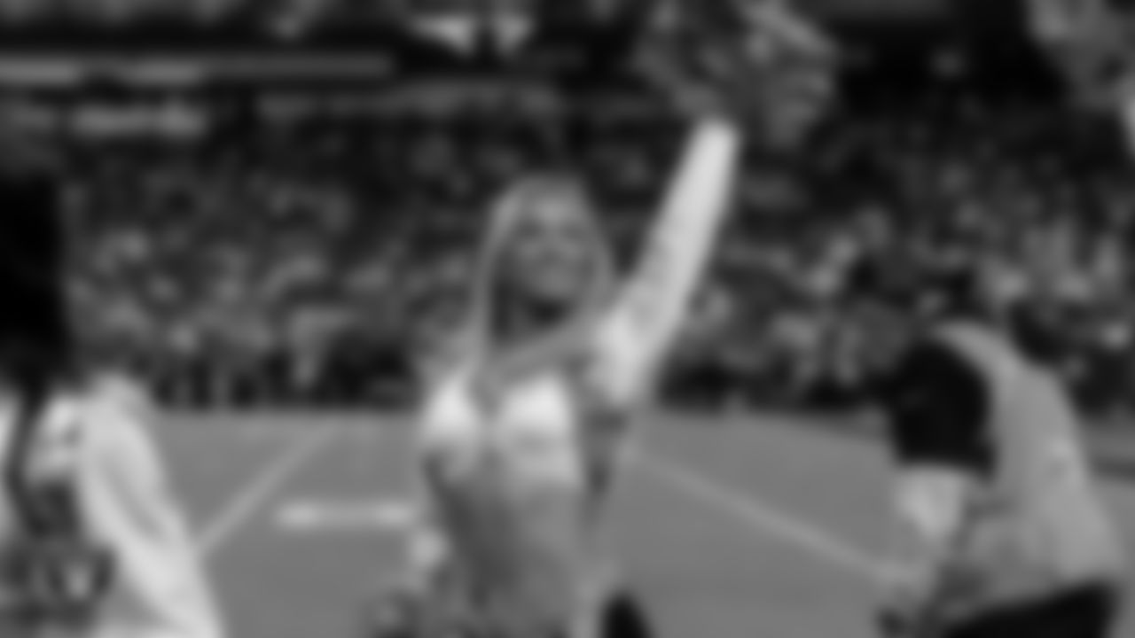 Raiderette Delaney on the sidelines during the regular season home game against the Dallas Cowboys at Allegiant Stadium.