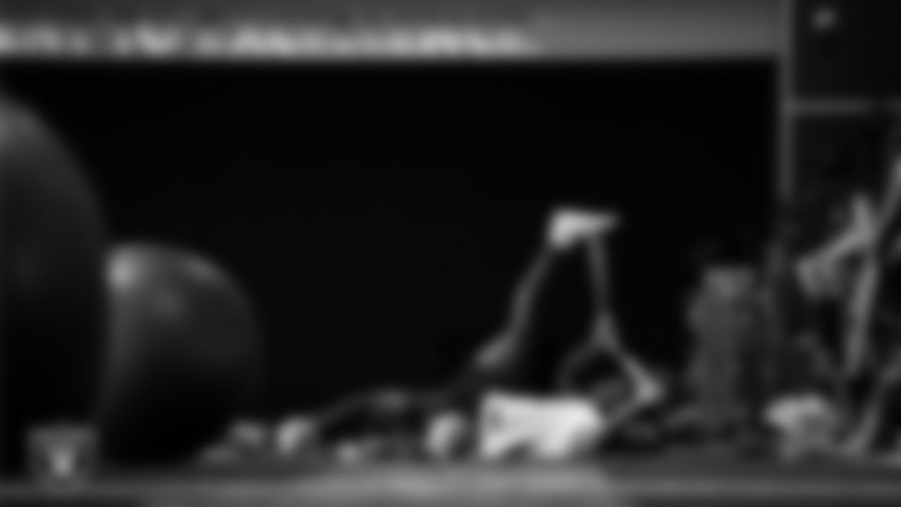 Las Vegas Raiders defensive end Jahfari Harvey (91) in the weight room during practice at Intermountain Health Performance Center.