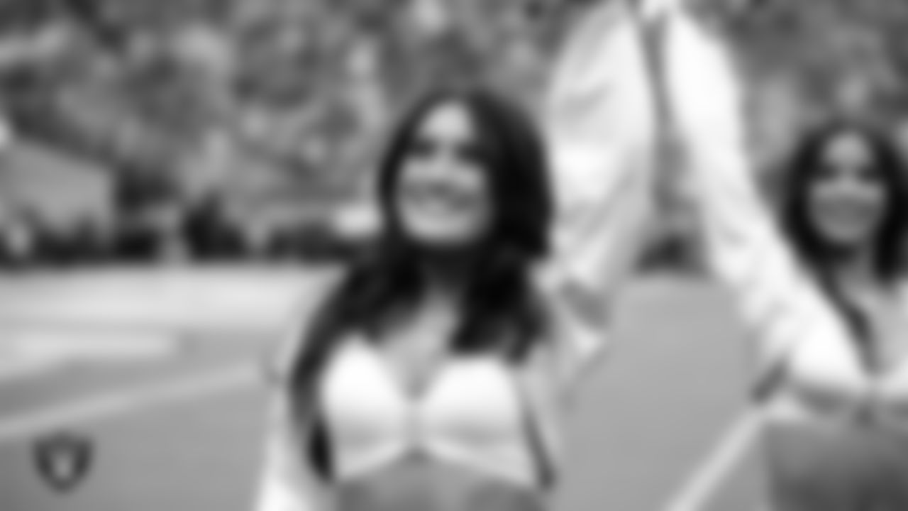 Raiderette Macy on the sidelines during the preseason home game against the San Francisco 49ers at Allegiant Stadium.