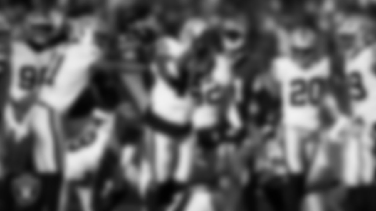 Las Vegas Raiders linebacker Devin White (45) celebrates after making a tackle during the regular season away game against the Philadelphia Eagles at Lincoln Financial Field.