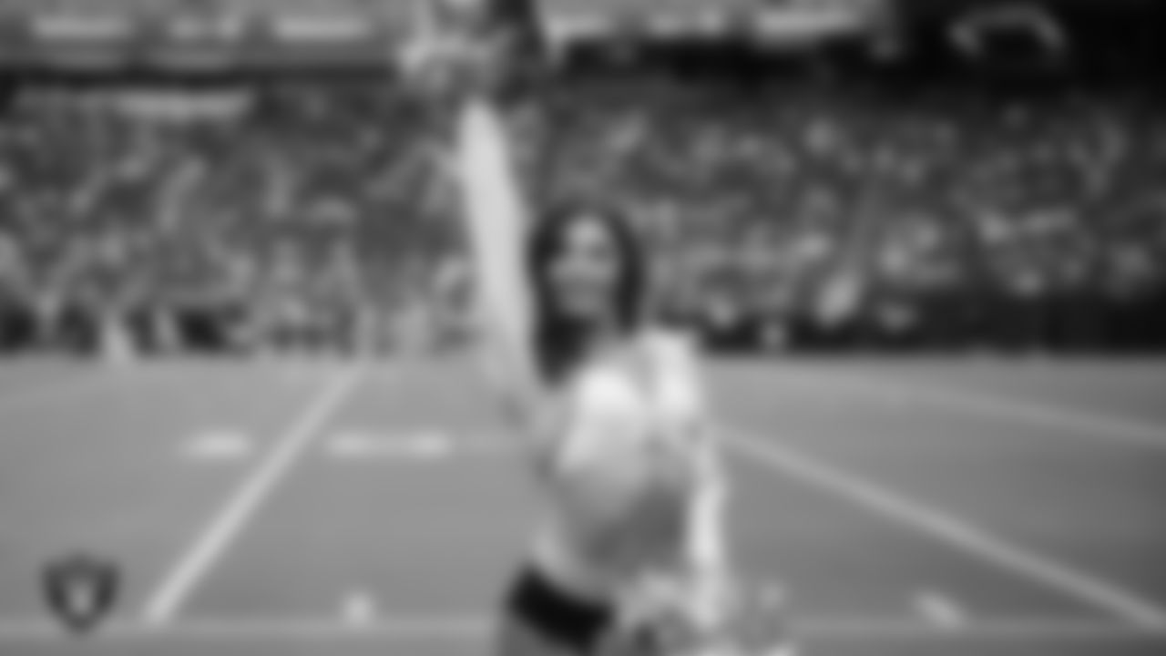 Raiderette Maddie on the sidelines during a 2025 Training Camp mock game at Allegiant Stadium.