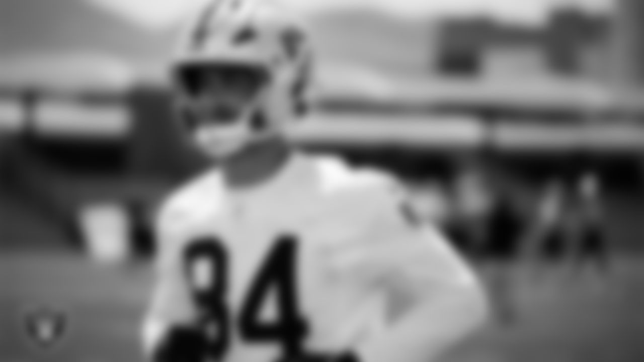 Las Vegas Raiders tight end Qadir Ismail (84) at an Organized Team Activity (OTA) at Intermountain Health Performance Center.
