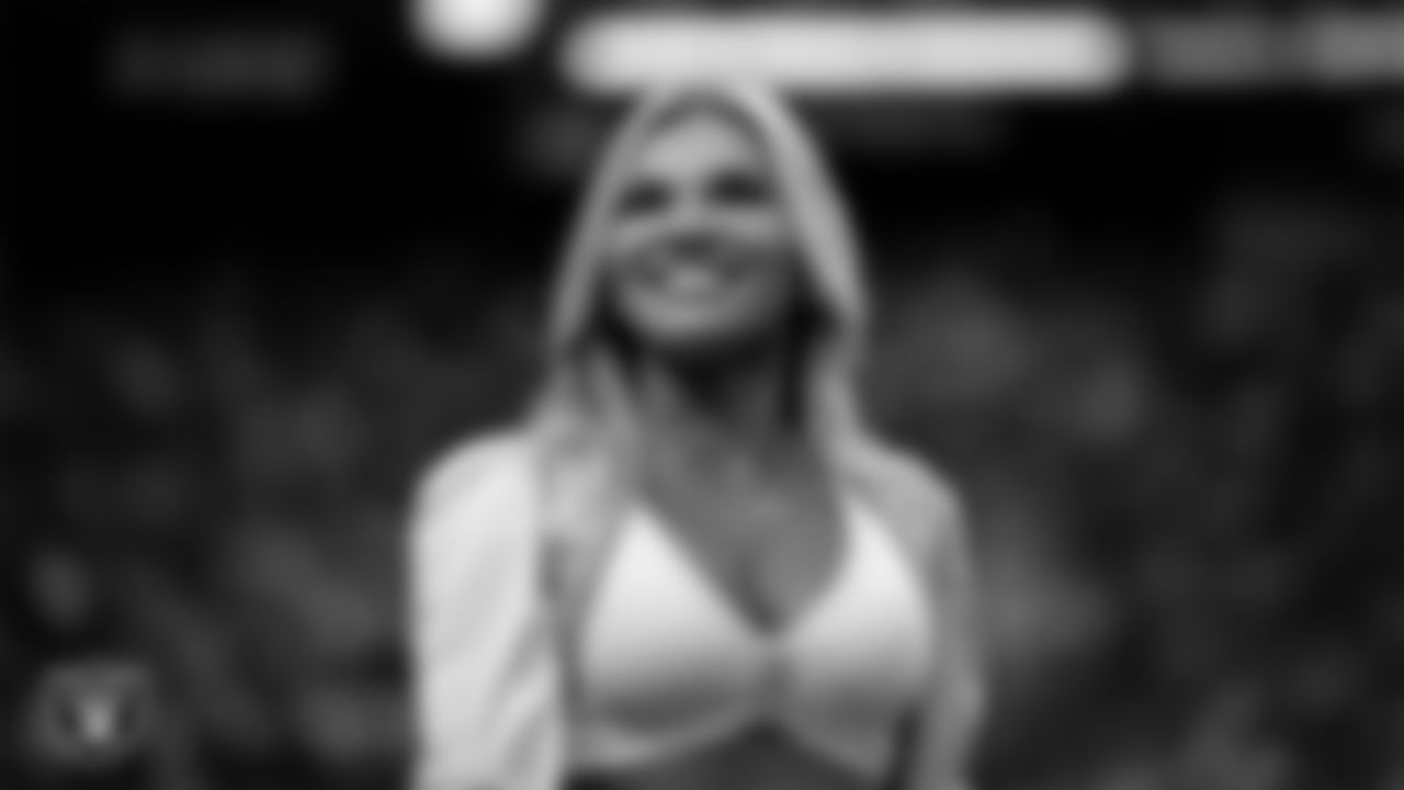 Raiderette Ali on the sidelines during the regular season home game against the Cleveland Browns at Allegiant Stadium.