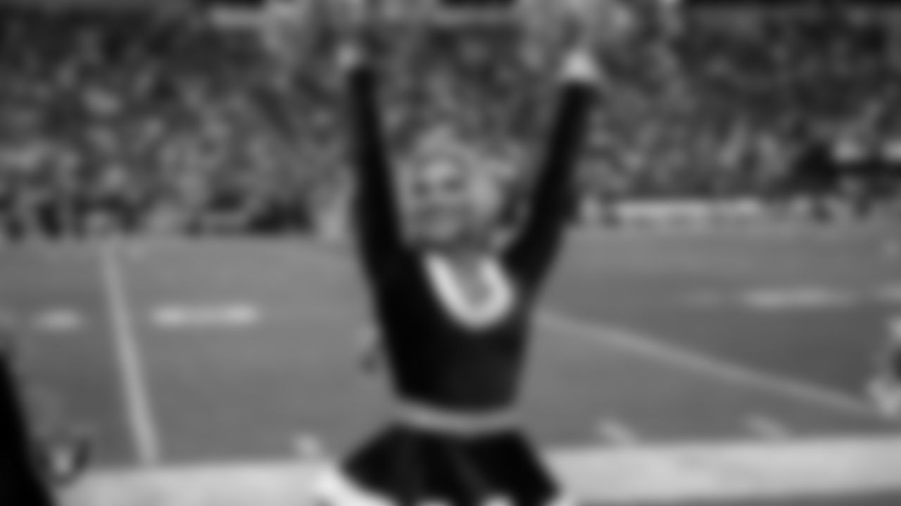 Raiderette Ali on the sidelines during the regular season home game against the New York Giants at Allegiant Stadium.
