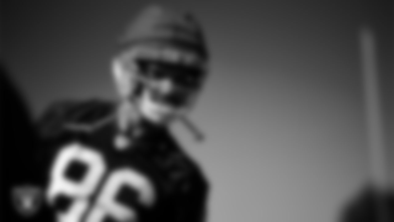 Las Vegas Raiders tight end Albert Okwuegbunam (86) during practice at Intermountain Health Performance Center.