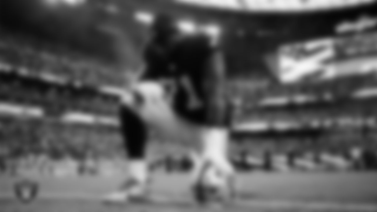 Las Vegas Raiders tackle DJ Glaze (71) during the national anthem before the regular season home game against the Cleveland Browns at Allegiant Stadium.