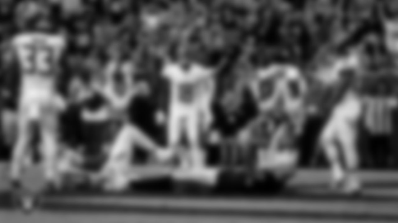 Las Vegas Raiders tight end Michael Mayer (87) celebrates after making a 4-yard touchdown catch during the regular season home game against the Tennessee Titans at Allegiant Stadium.