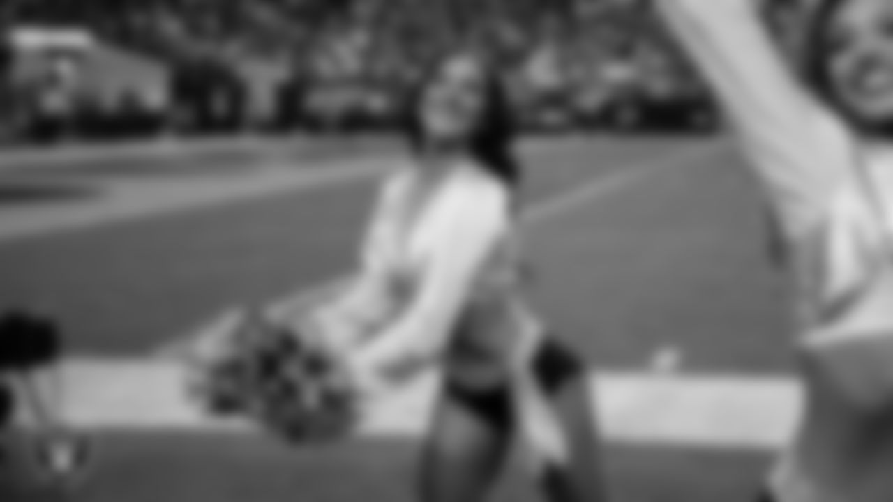 Raiderette Amanda on the sidelines during the regular season home game against the New York Giants at Allegiant Stadium.