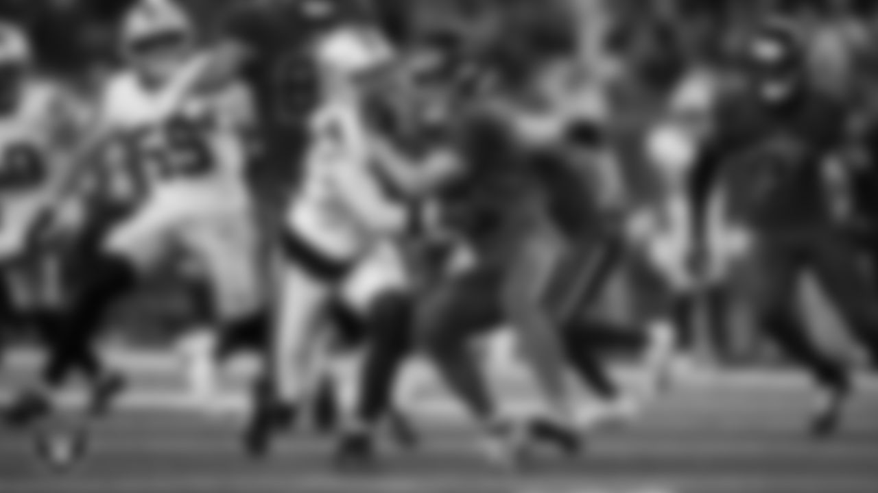 Las Vegas Raiders linebacker Tommy Eichenberg (44) makes a tackle during the regular season away game against the Houston Texans at NRG Stadium.
