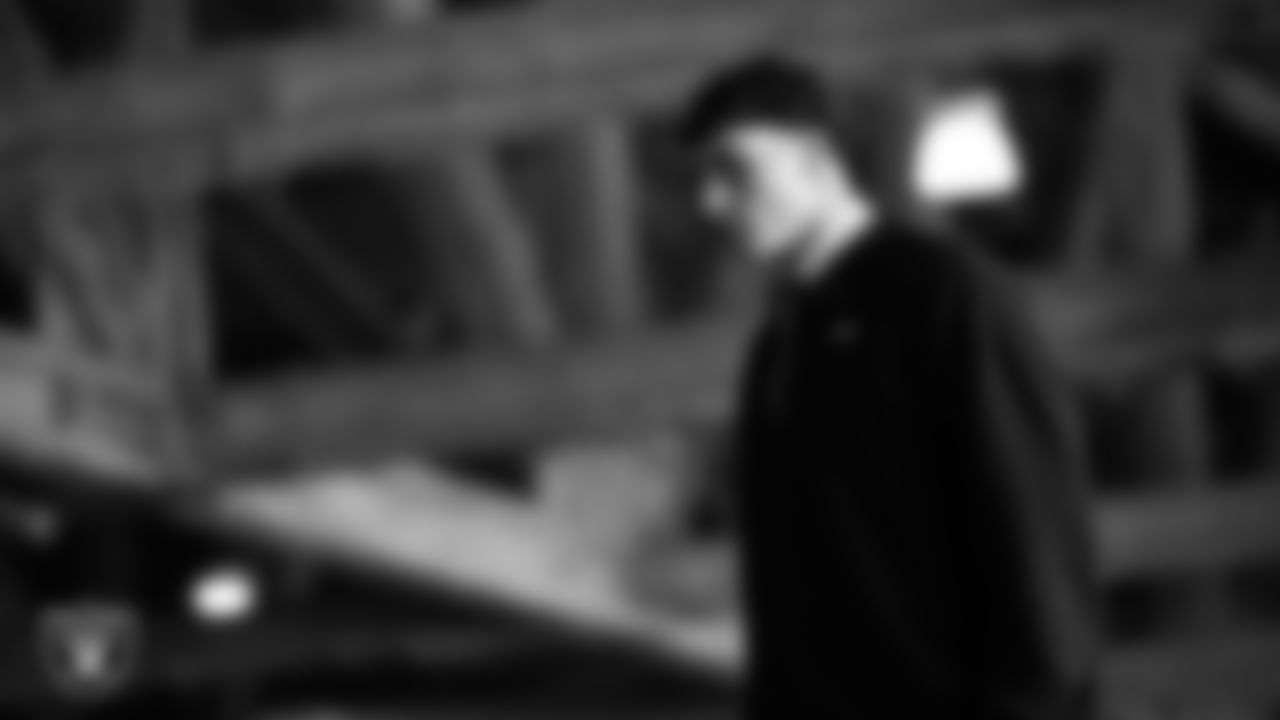 Las Vegas Raiders tight end Carter Runyon (46) arrives to the regular season home game against the Cleveland Browns at Allegiant Stadium.