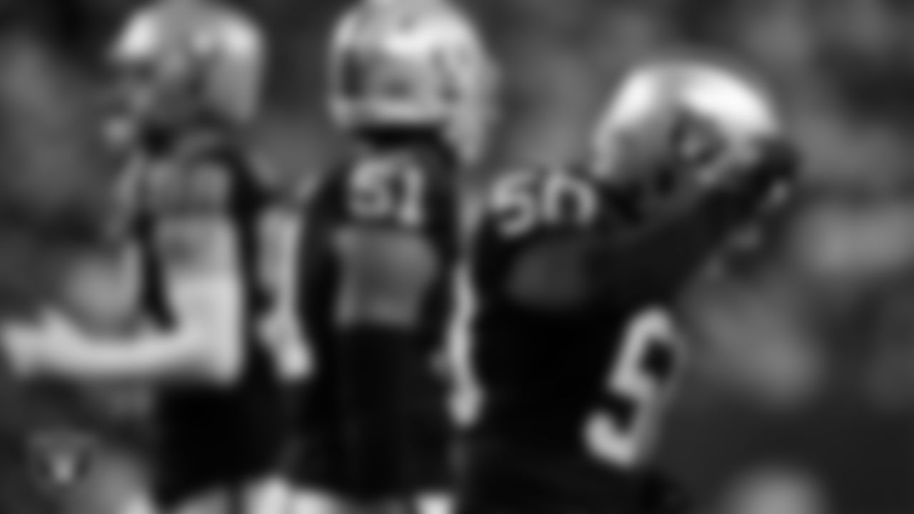 Las Vegas Raiders long snapper Jacob Bobenmoyer (50) celebrates after making a tackle during the regular season home game against the Dallas Cowboys at Allegiant Stadium.