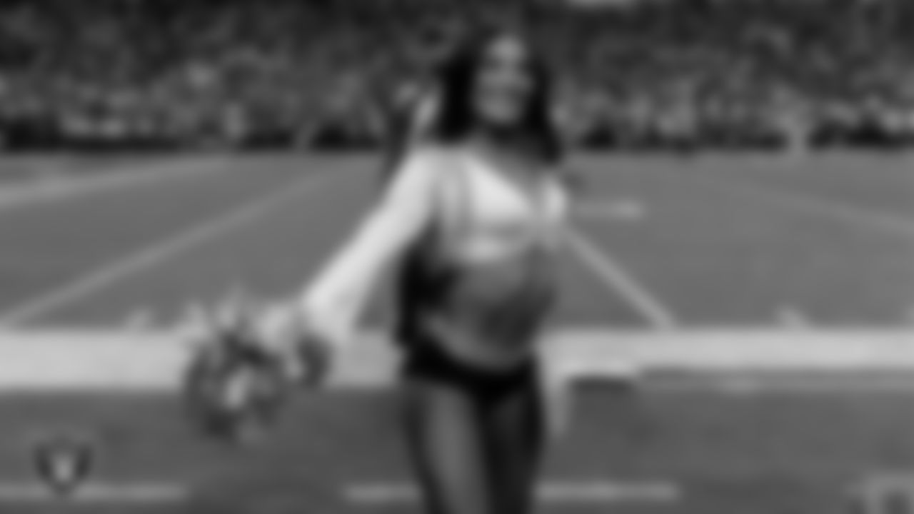 Raiderette Amanda on the sidelines during the regular season home game against the Jacksonville Jaguars at Allegiant Stadium.