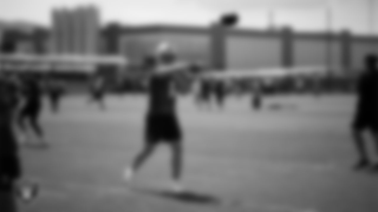 Las Vegas Raiders quarterback Carter Bradley (14) at an Organized Team Activity (OTA) at Intermountain Health Performance Center.