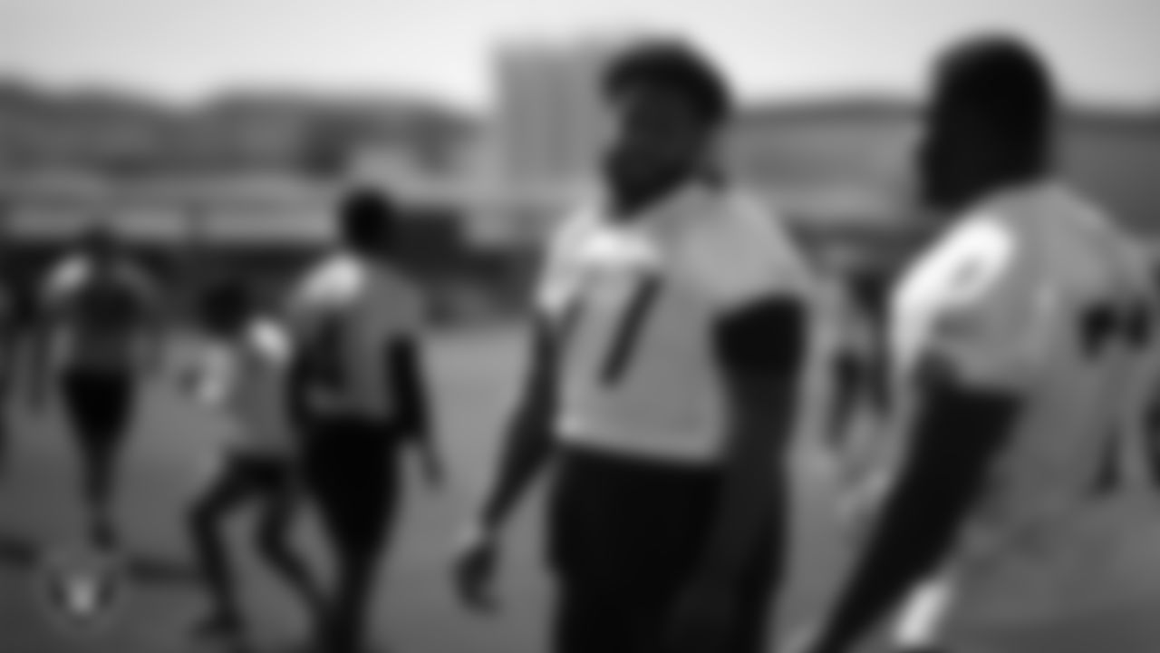 Las Vegas Raiders tackle Thayer Munford Jr. (77) at a workout during phase two of the offseason program at Intermountain Health Performance Center.
