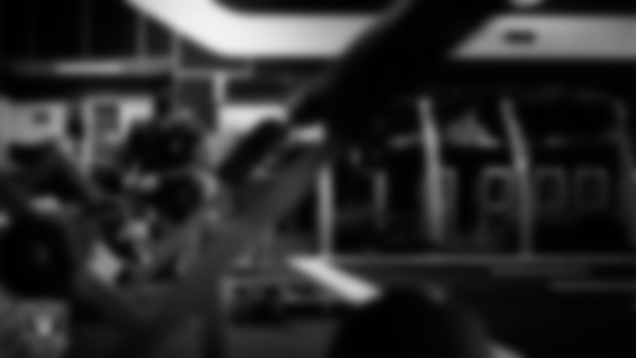 Las Vegas Raiders cornerback Chigozie Anusiem (29) in the weight room during practice at Intermountain Health Performance Center.