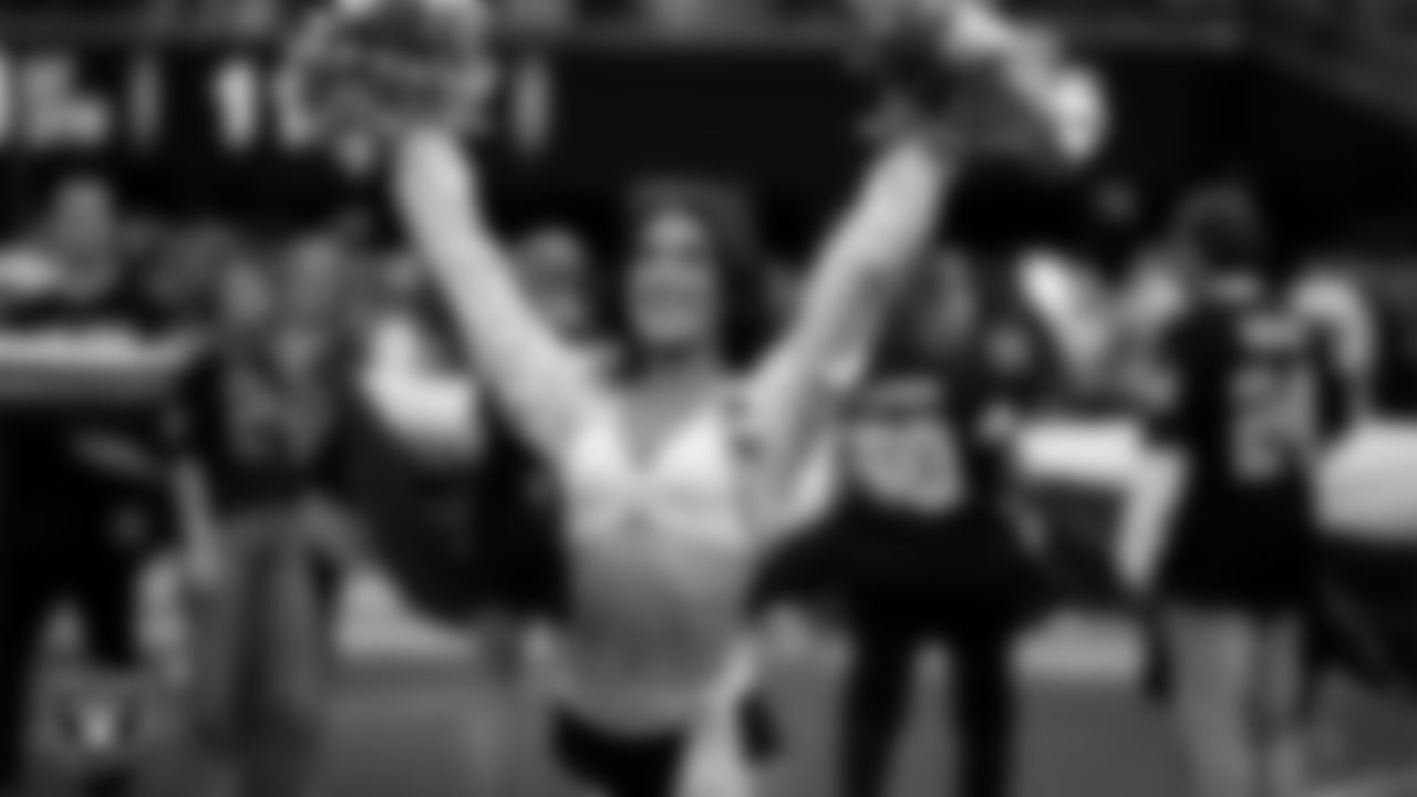 Raiderette Macy during player introductions before the regular season home game against the Jacksonville Jaguars at Allegiant Stadium.