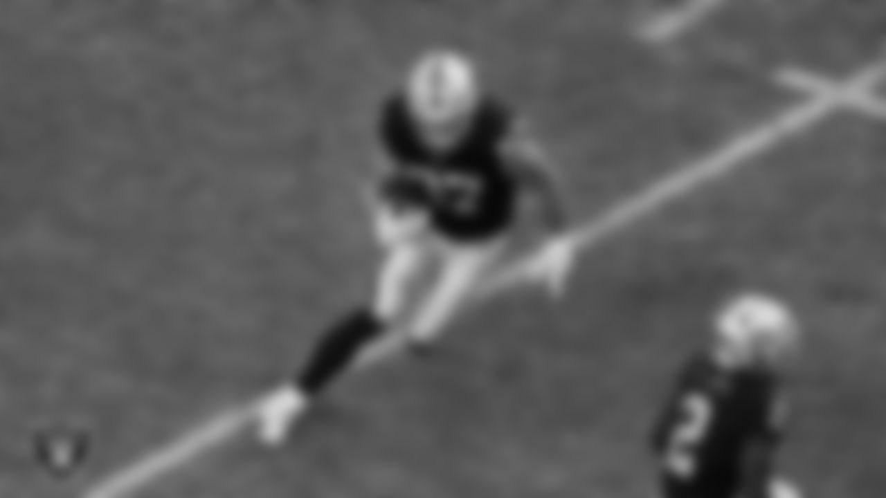 Las Vegas Raiders tight end Michael Mayer (87) runs after making a catch during the regular season home game against the Cleveland Browns at Allegiant Stadium.