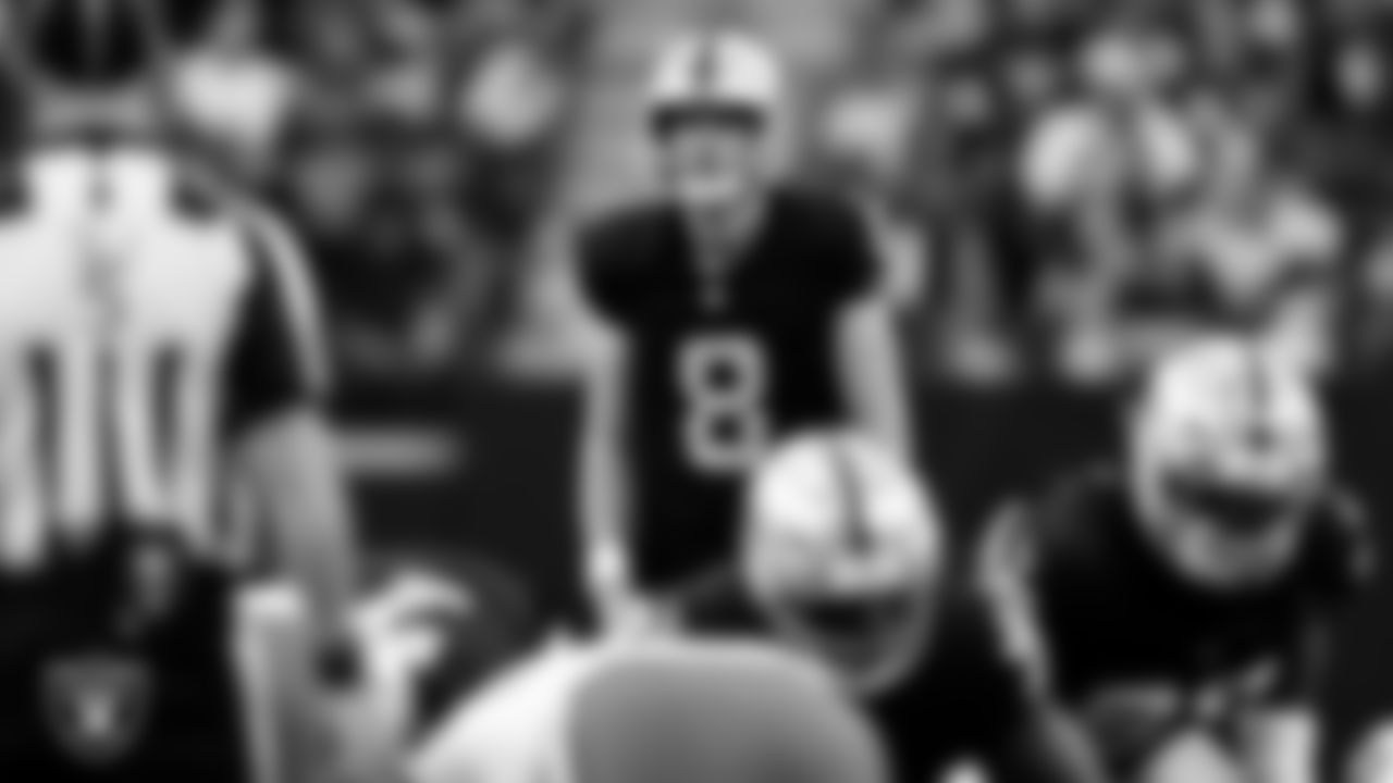 Las Vegas Raiders kicker Daniel Carlson (8) lines up before kicking a 41-yard field goal during the regular season home game against the Cleveland Browns at Allegiant Stadium.