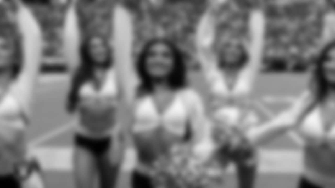 Raiderette Sloane on the sidelines during the preseason home game against the San Francisco 49ers at Allegiant Stadium.