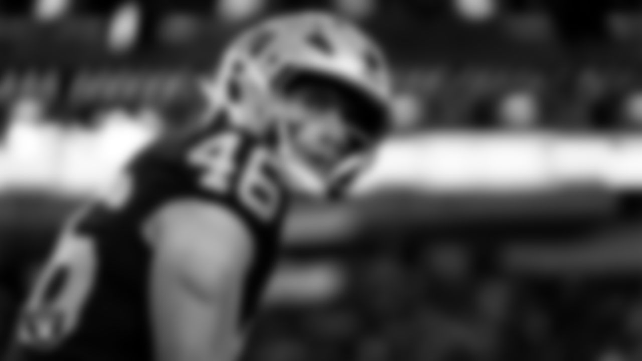 Las Vegas Raiders tight end Carter Runyon (46) warming up before the regular season home game against the Dallas Cowboys at Allegiant Stadium.