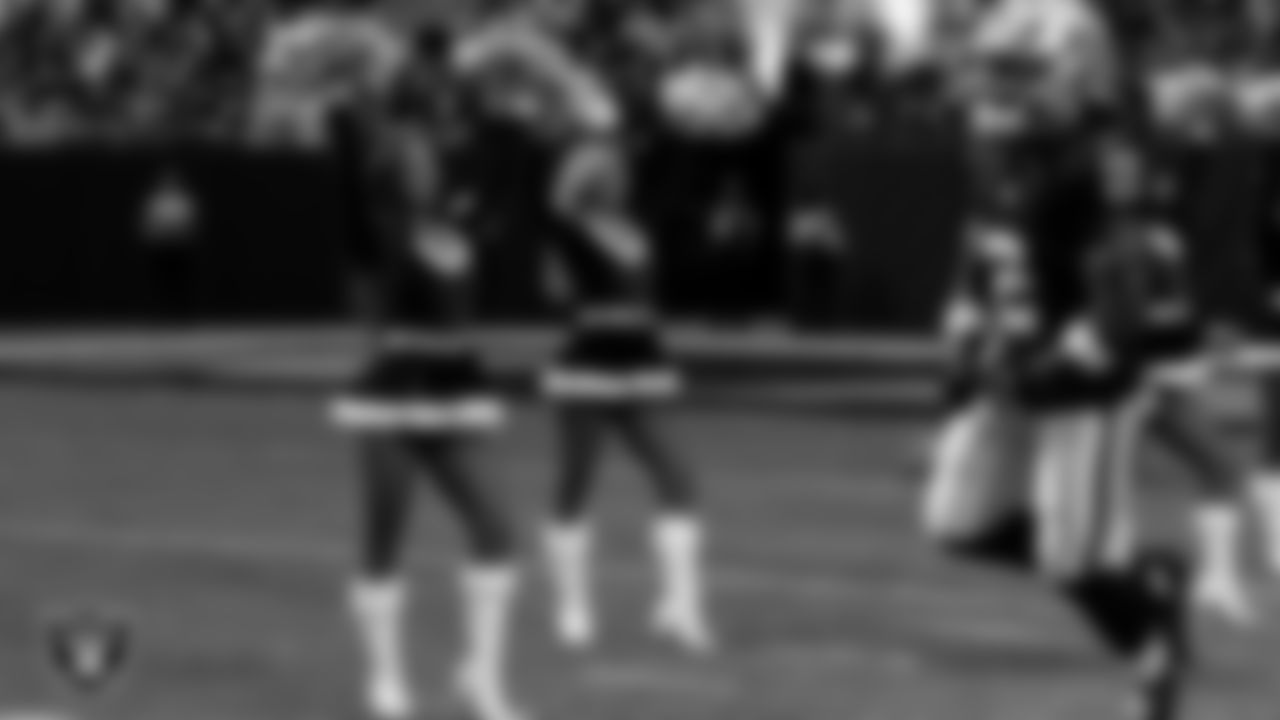 Raiderette Cheyanne during player introductions before the regular season home game against the New York Giants at Allegiant Stadium.