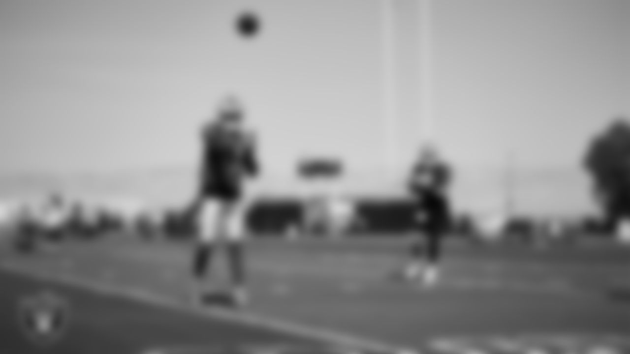 Las Vegas Raiders quarterback Geno Smith (7) on the field for practice at 2025 Training Camp at Intermountain Health Performance Center.