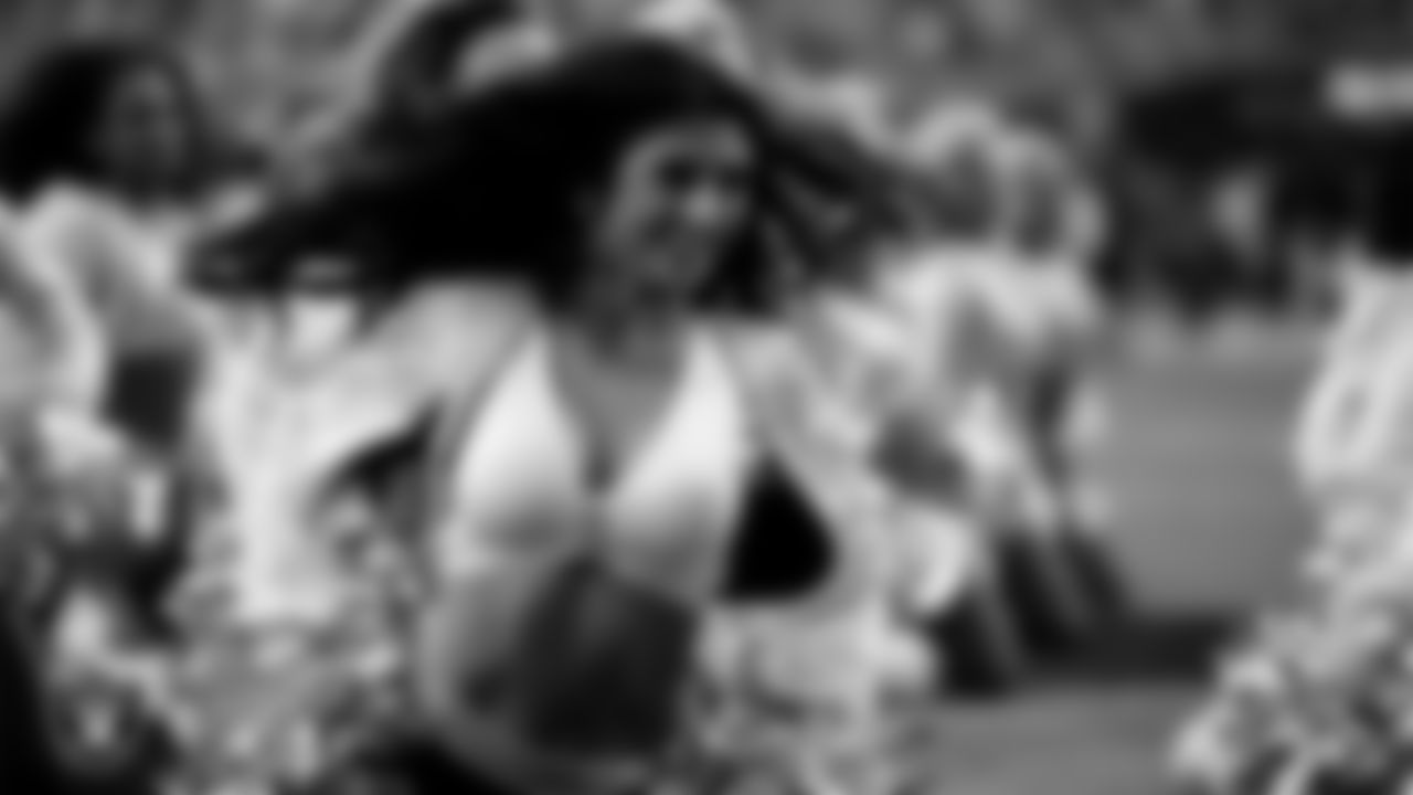 Raiderette Kylee performs on the field during the regular season home game against the Tennessee Titans at Allegiant Stadium.