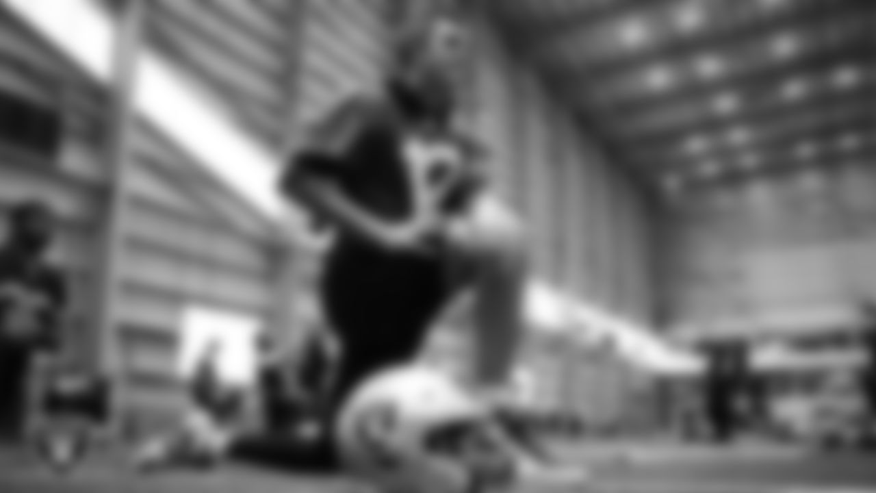 Las Vegas Raiders quarterback Aidan O'Connell (12) during practice at Intermountain Health Performance Center.