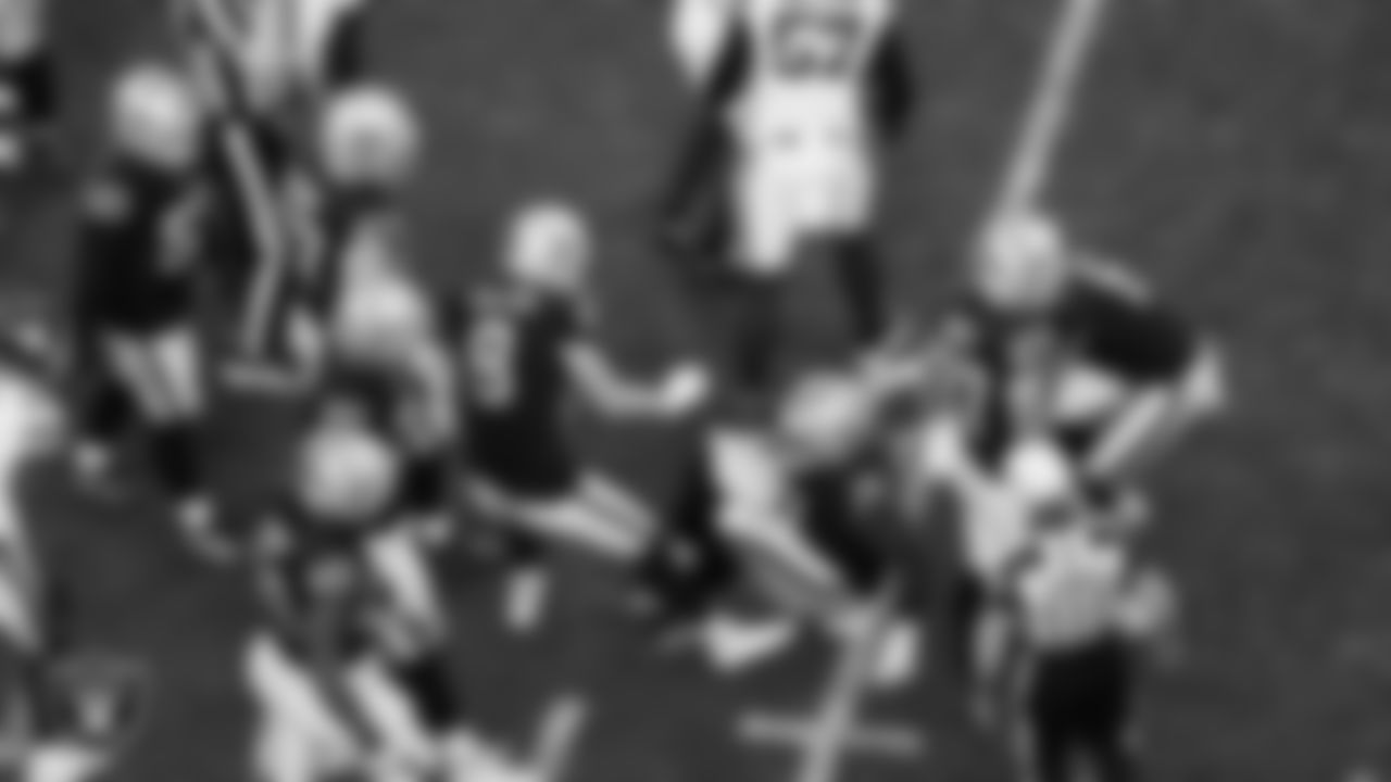 Las Vegas Raiders kicker Daniel Carlson (8) with teammates after kicking a 42-yard field goal during the regular season home game against the New York Giants at Allegiant Stadium.