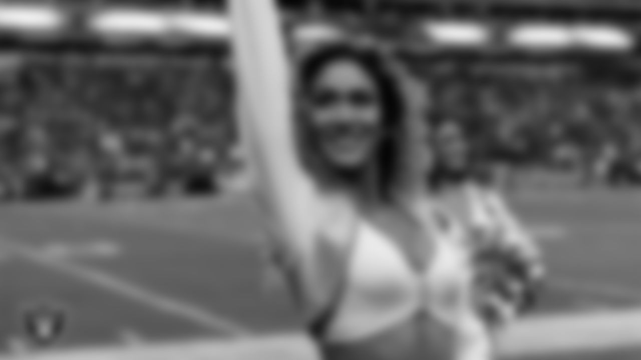 Raiderette Jenna on the sidelines during the regular season home game against the Jacksonville Jaguars at Allegiant Stadium.