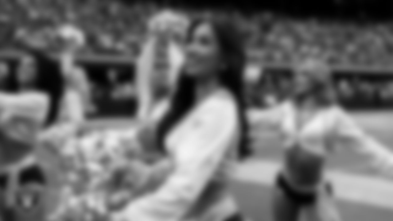 Raiderette Meekela on the sidelines during the preseason home game against the San Francisco 49ers at Allegiant Stadium.