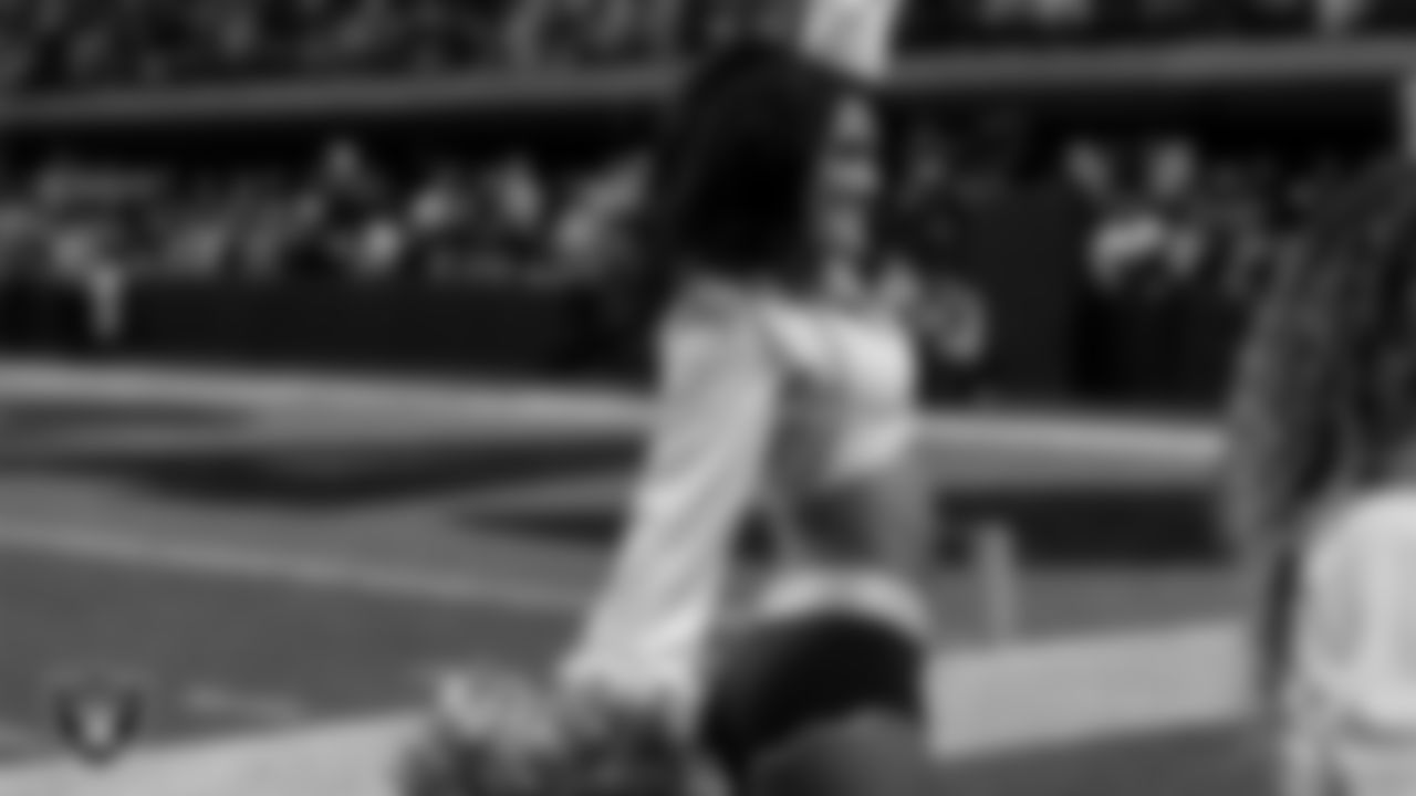 Raiderette Macy on the sidelines during the regular season home game against the Kansas City Chiefs at Allegiant Stadium.