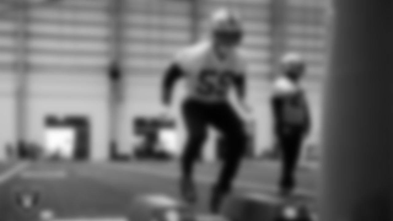 Las Vegas Raiders linebacker Jon Rhattigan (59) during practice at Intermountain Health Performance Center.