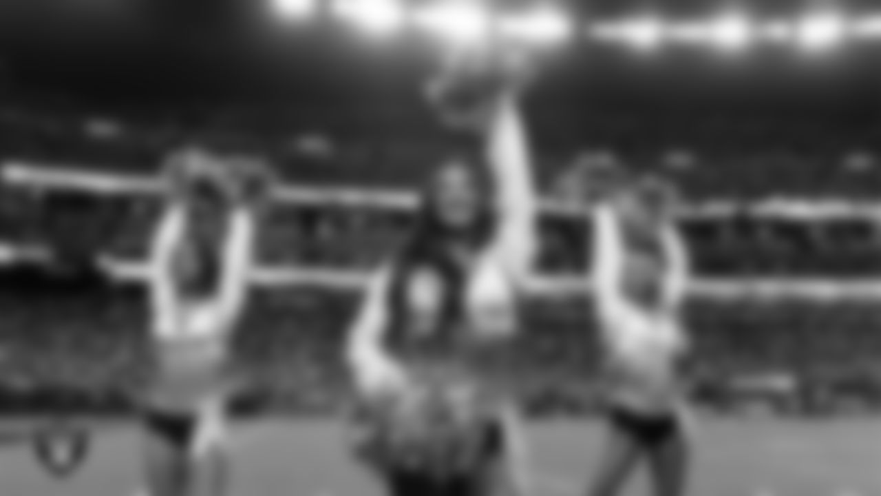 Raiderette Cheyanne on the sidelines during the regular season home game against the Los Angeles Chargers at Allegiant Stadium.